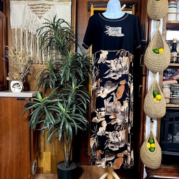 Vintage 90s Safari Print Maxi Dress M | Boho African Animal Zebra Giraffe Rayon - Picture 1 of 13